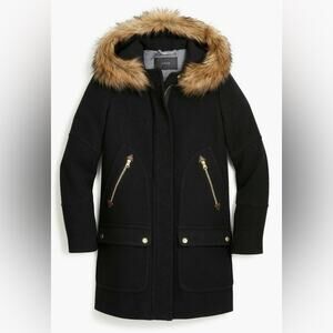 J.Crew Chateau Parka Wool Coat Black Fur Hood Size 2 A-Line Mid Thigh Warm Black